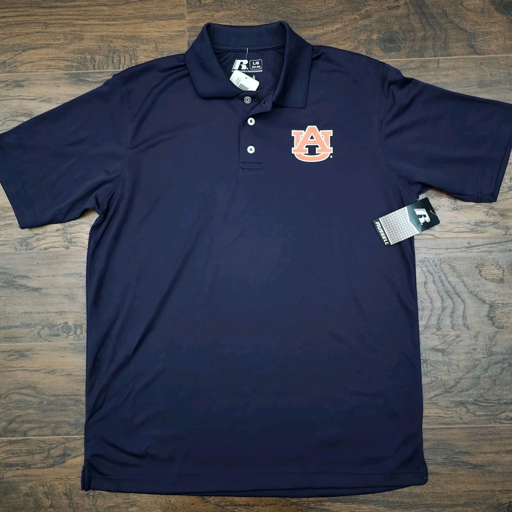 Auburn University Mens Large Navy Blue‎ Russell Polo Shirt Performance Top